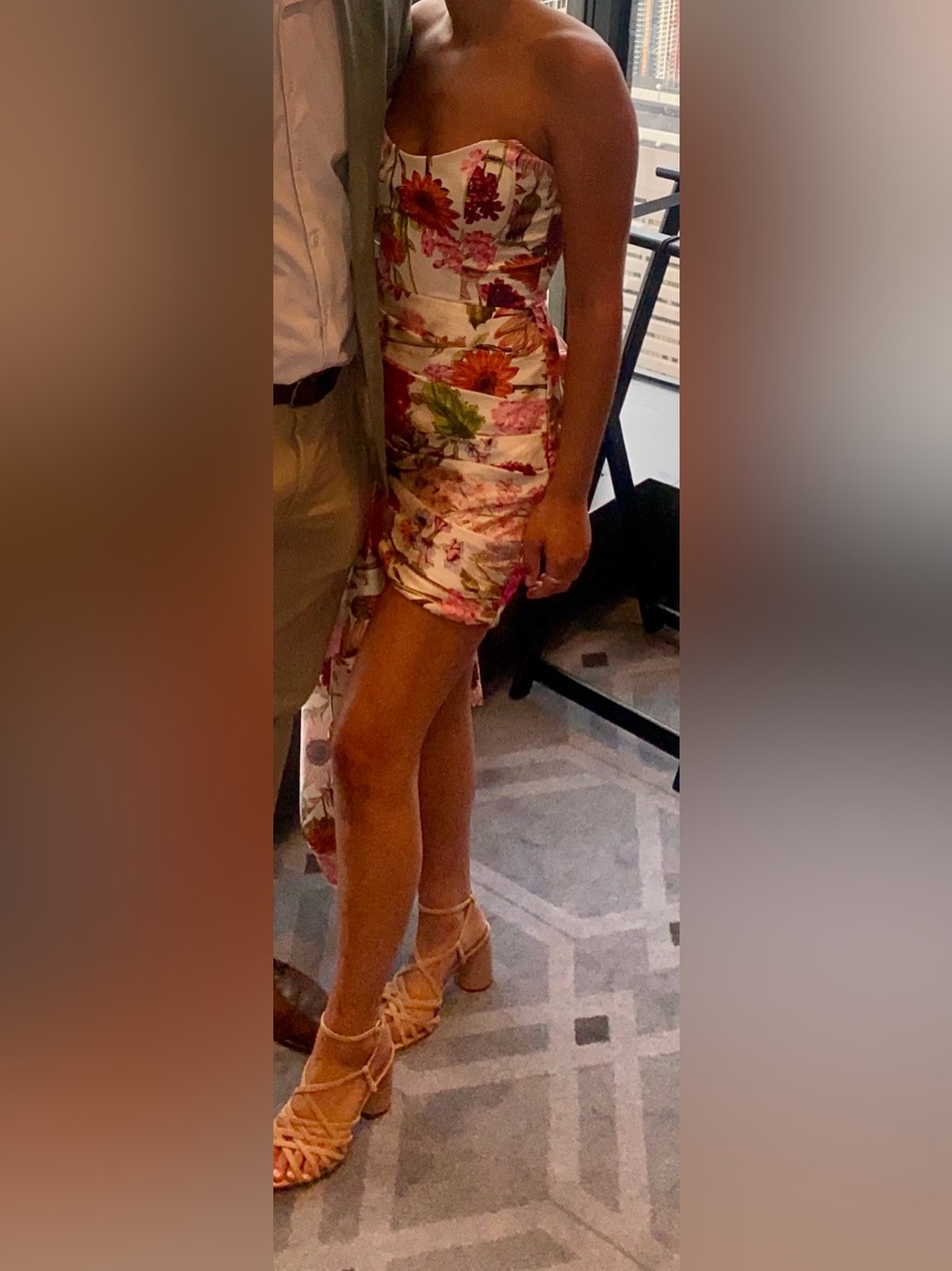 Katie May White Strapless Floral Midi Dress with Pink & Orange Blooms